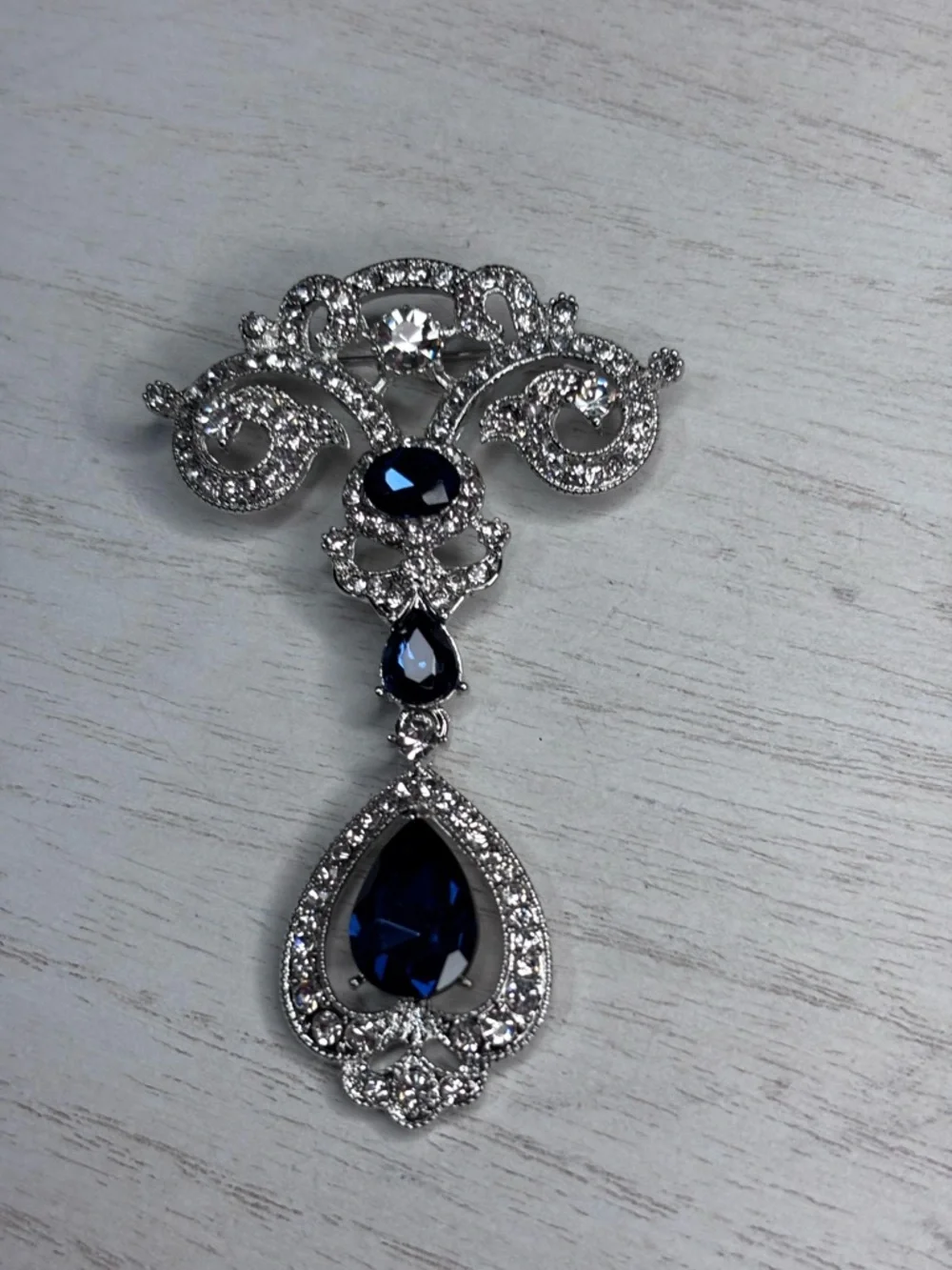 Silver-Tone Brooch with Deep Blue Crystal Drops - Picture 1 of 4